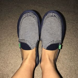Sanuk Navy Blue & White Stripe Slip Ons